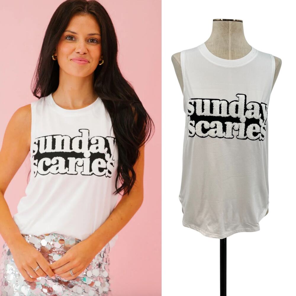 Judith March Sunday Scaries Tank Top Jersey‎ Embroidered White Size Medium